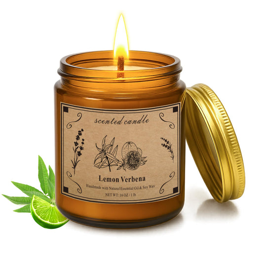 Lemon Verbena 16oz soy candle in amber glass jar