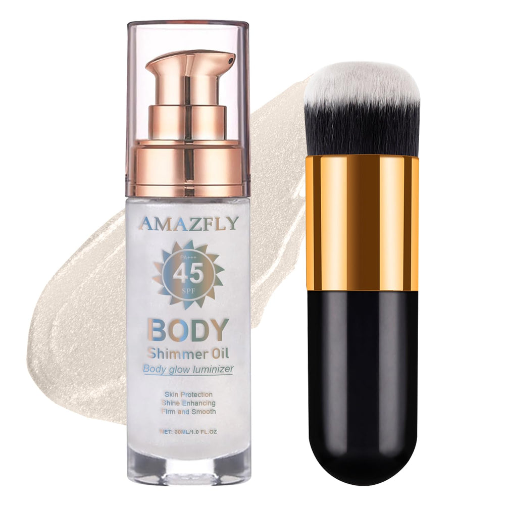 LemonSac shimmer body oil SPF45 bottle showing subtle halo glow