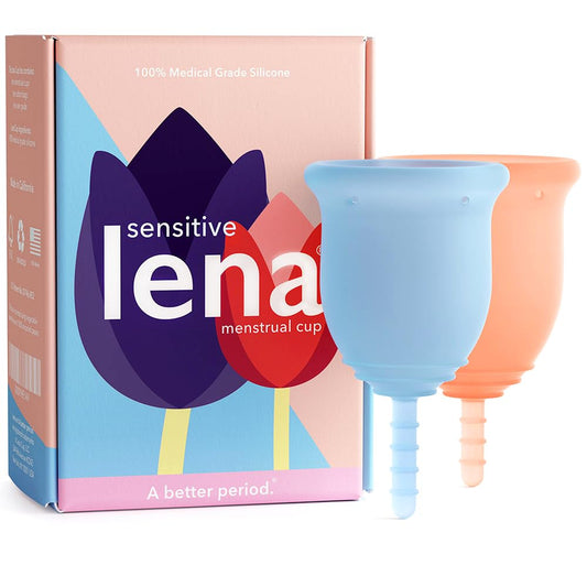 Lena Sensitive Menstrual Cup 2-Pack small and large setup demonstrates complete sizing for beginners.