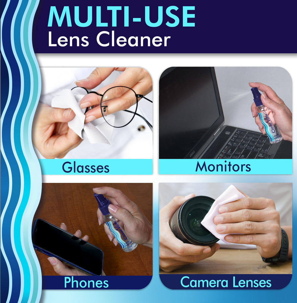 Eyeglasses and screens being cleaned with streak-free lens cleaner spray