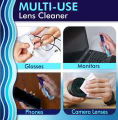 Eyeglasses and screens being cleaned with streak-free lens cleaner spray