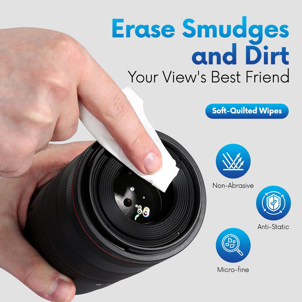 Travel-size, individually wrapped lens cleaning wipes