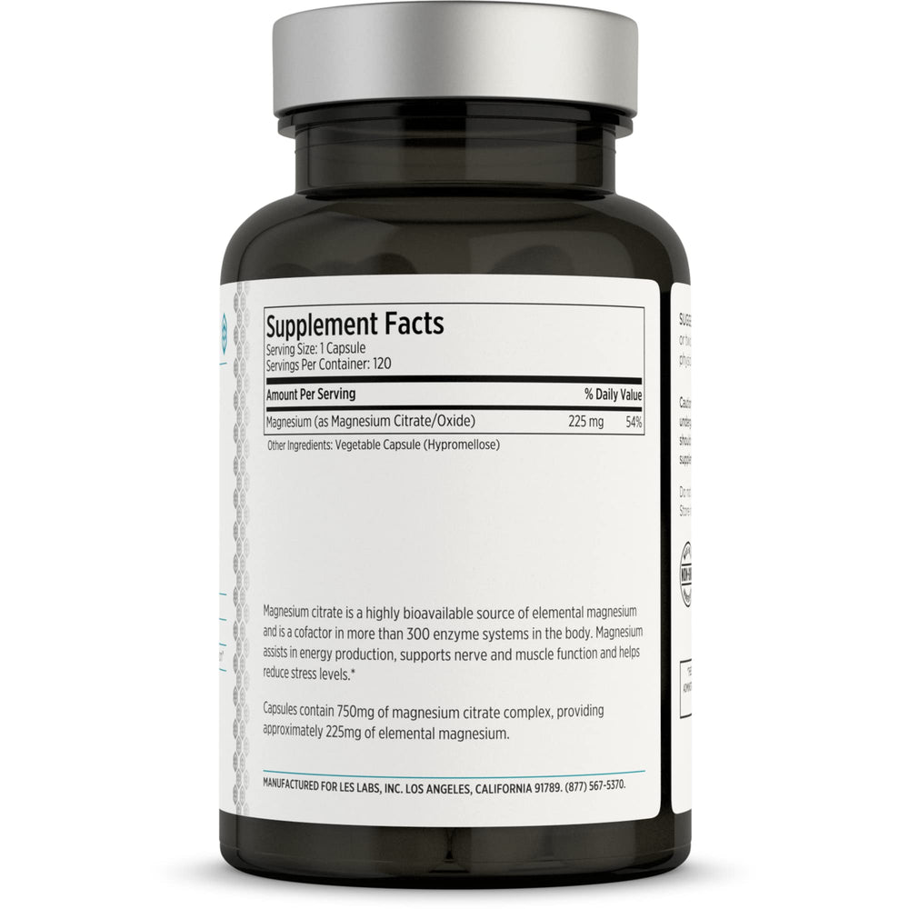 Close-up of LES Labs Magnesium Citrate bottle label