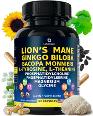 Bottle of LetaGreen Lion's Mane capsules with Ginkgo Biloba and other ingredients