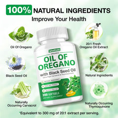 Close-up of oregano oil and black seed oil capsules