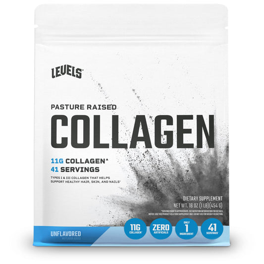 Front view of Levels Collagen Peptides unflavored 1 lb tub