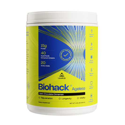 LevelUp Biohack Ageless bottle and packaging on a white background