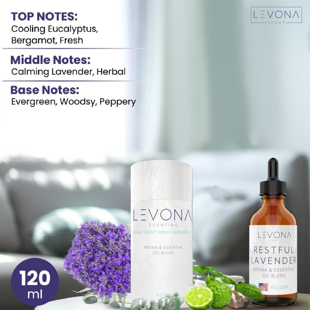 Close-up label of Restful Lavender essential oil by Levona Scent