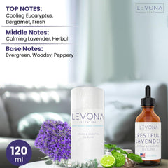 Close-up label of Restful Lavender essential oil by Levona Scent