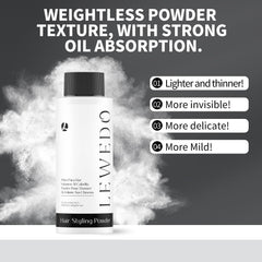 lew edo volumizing powder texture on hair for a matte finish.