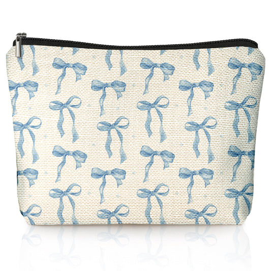 LIANGW cute blue bow makeup bag front view with travel-friendly zipper