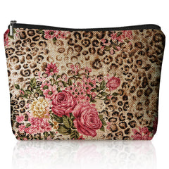 LIANGW vintage floral leopard makeup bag with cheetah print for travel and daily cosmetics.