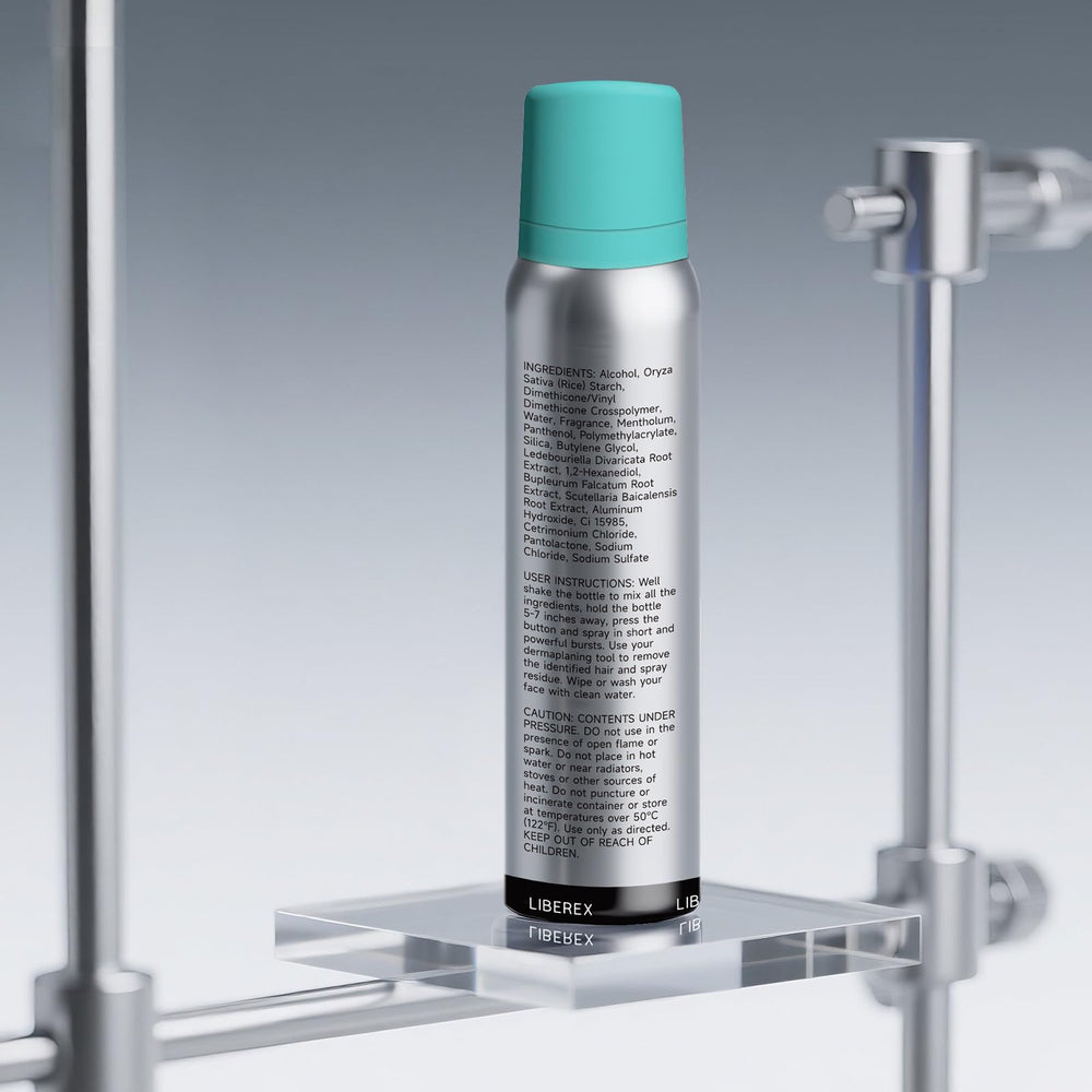 Liberex Hair Identifier Spray lifts peach fuzz for clean dermaplaning results.