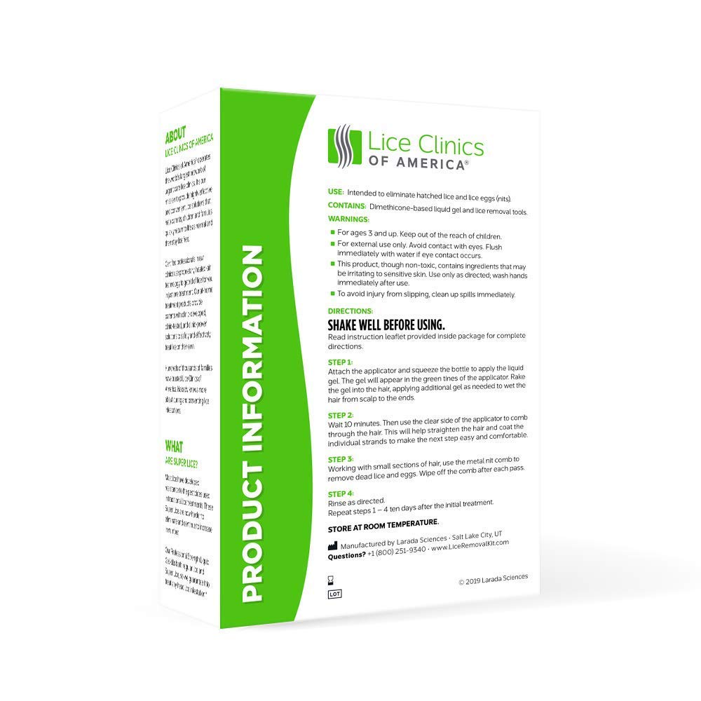 Lice Clinics of America packaging box demonstrates a complete kit for home use.