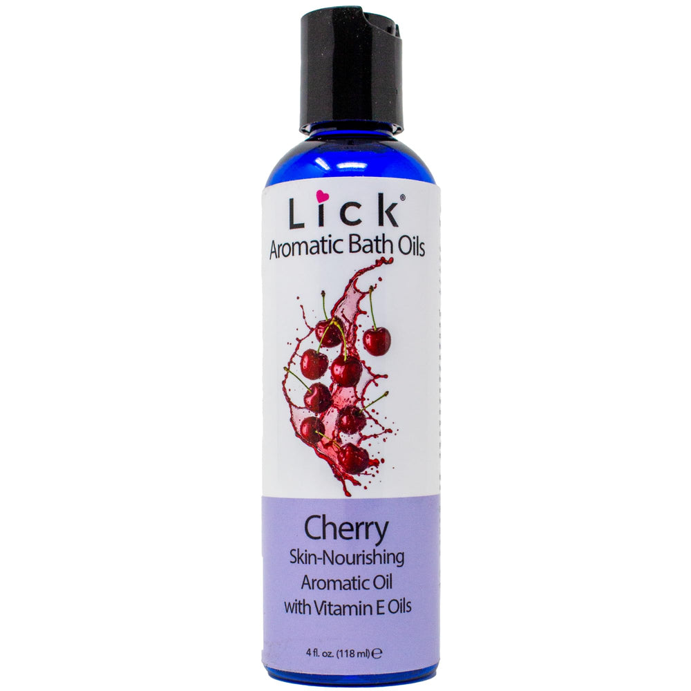 LICK Cherry Bath Oil bottle on a bathroom counter ready to start a self-care ritual.