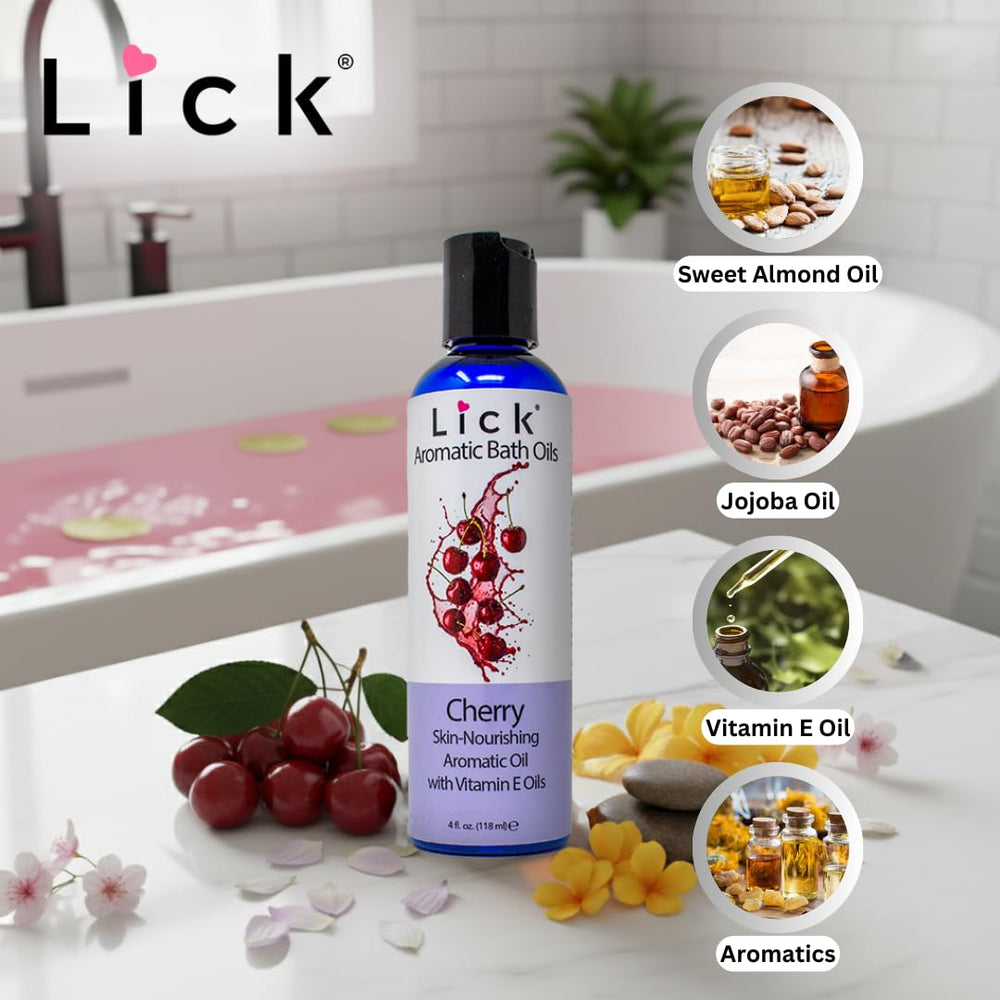 LICK Cherry Bath Oil label highlights premium ingredients and fragrance notes.