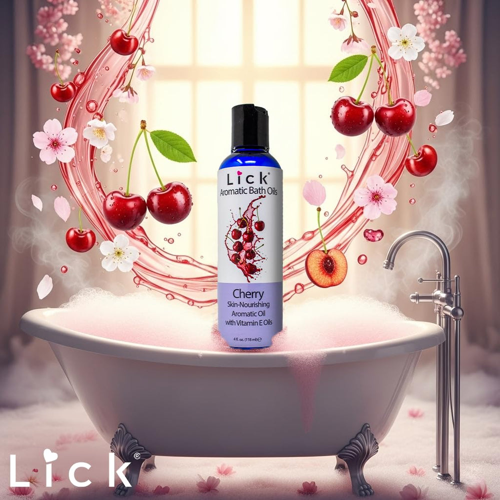 LICK Aromatic Bath Oil cherry pour demonstrates quick absorption for a pampering soak.