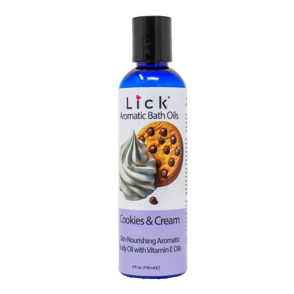 LICK Aromatic Bath Oil Cookies and Cream bottle ready for a relaxing spa-like soak.