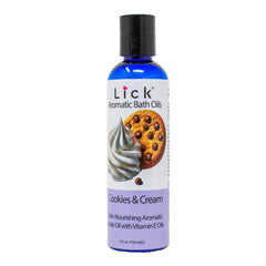 LICK Aromatic Bath Oil Cookies and Cream bottle ready for a relaxing spa-like soak.