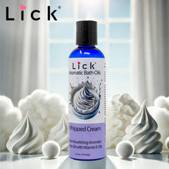 LICK Aromatic Bath Oil pour closeup highlights creamy dessert notes for a spa-like experience.