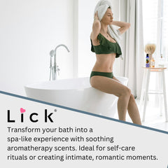 LICK Bath oil droplets on damp skin indicating quick absorption and moisturization.