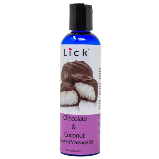 Bottle of Lick Chocolate Coconut Bliss Flavored Massage Oil 4 oz