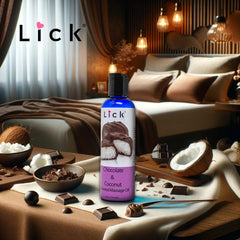 4 oz bottle with tropical packaging for Lick Chocolate Coconut Bliss Massage Oil