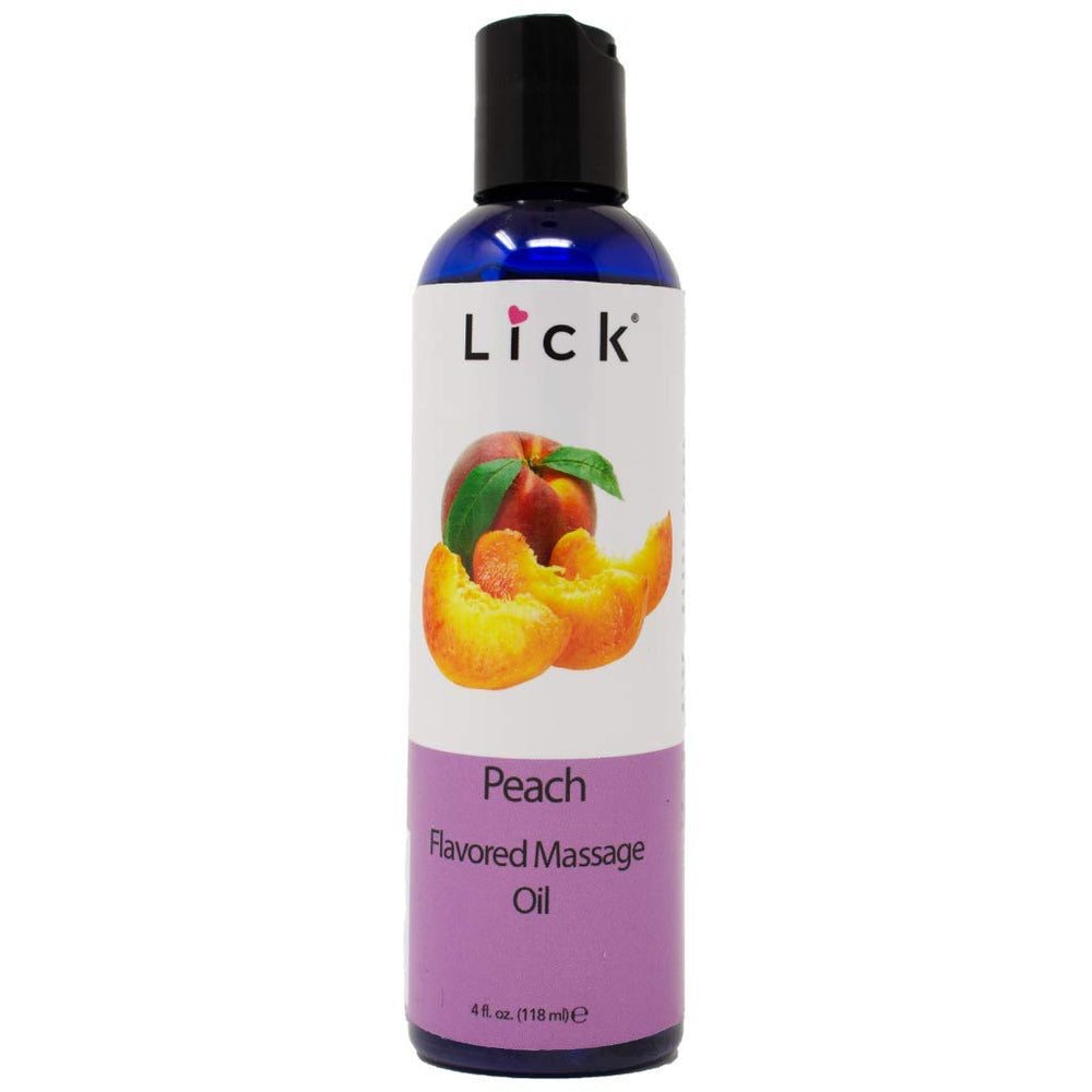 Bottle of Lick Peach Flavored Massage Oil 4oz with peach label