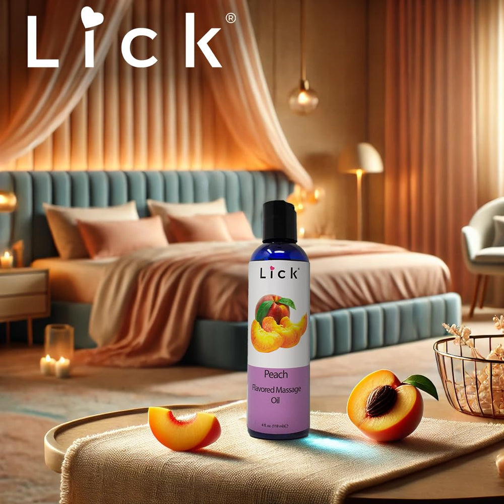 Pouring peach-flavored edible massage oil onto the hand
