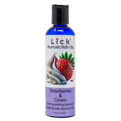 LICK Aromatic Bath Oil bottle with Strawberries and Cream scent for a spa-like soak.