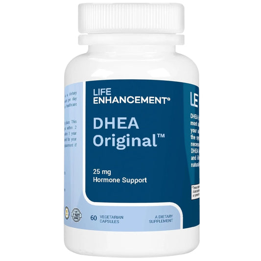 Life Enhancement DHEA Original bottle and capsule close-up