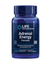 Bottle of Life Extension Adrenal Energy Formula with label highlighting gluten-free and non-GMO