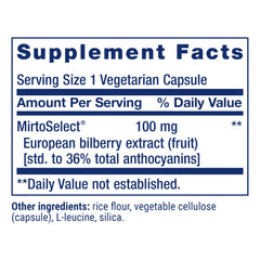 Ingredients and purity information for bilberry extract