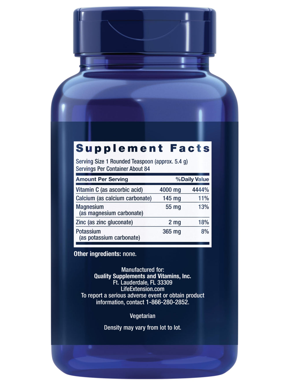 Buffered vitamin C powder showing minerals calcium magnesium potassium zinc