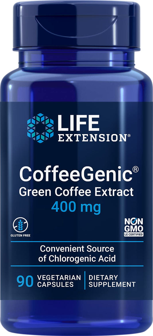 Front view of Life Extension CoffeeGenic Green Coffee Extract bottle with 90 capsules