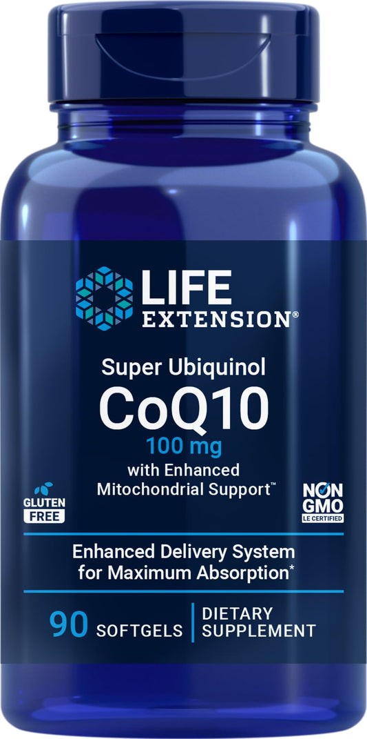 Life Extension CoQ10 Super Ubiquinol 100mg bottle with 90 softgels
