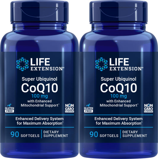 Life Extension CoQ10 ubiquinol 100 mg bottle and 2-pack box