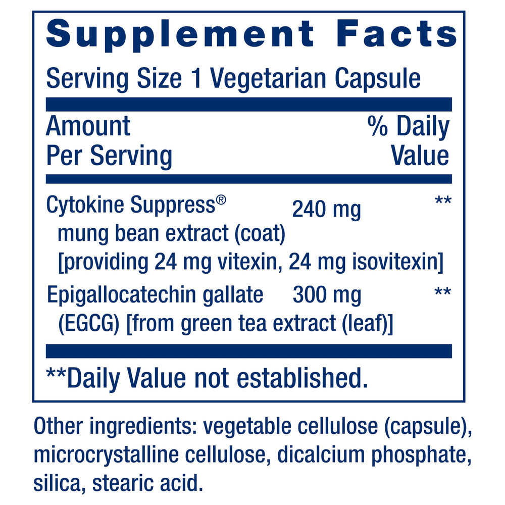 Close-up of product label for Cytokine Suppress with EGCG