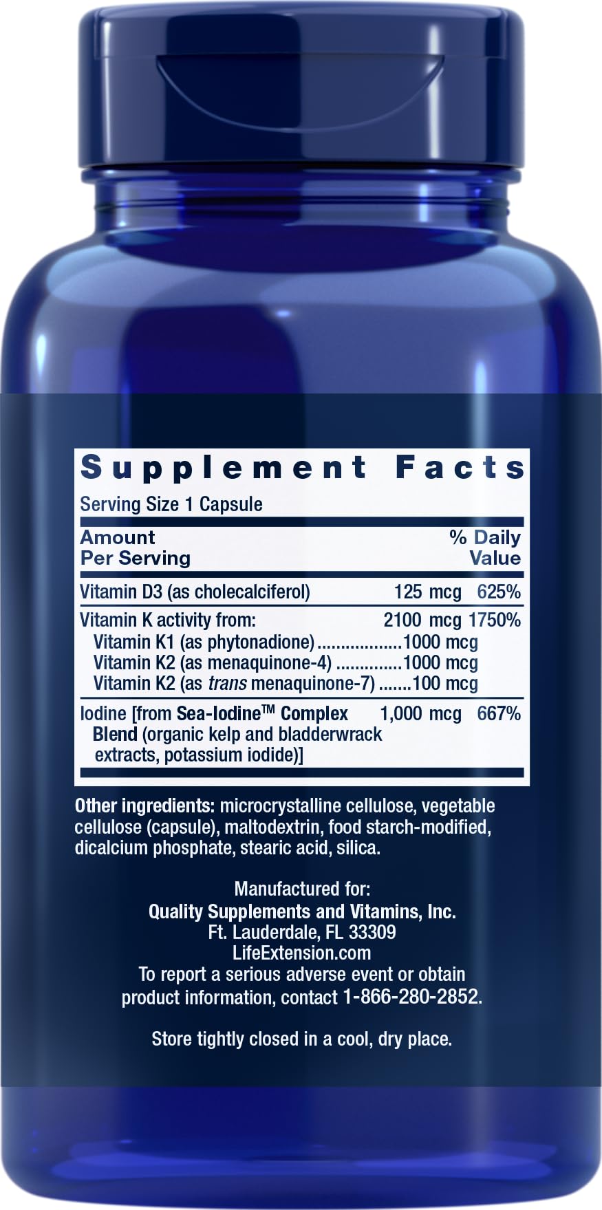 Close-up of Life Extension D & K with Sea-Iodine capsules