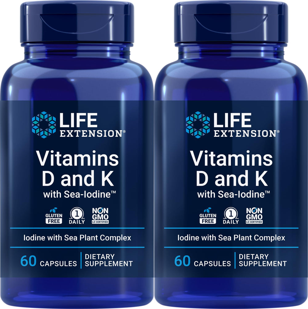 Life Extension D and K with Sea-Iodine 60 capsules (2-pack) bottle and capsules