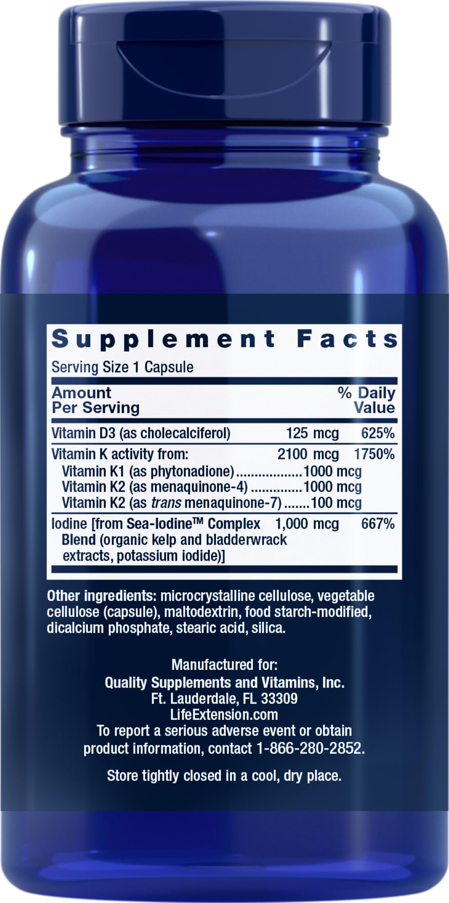 Close-up of Life Extension D and K with Sea-Iodine 60 capsules packaging (2-pack)
