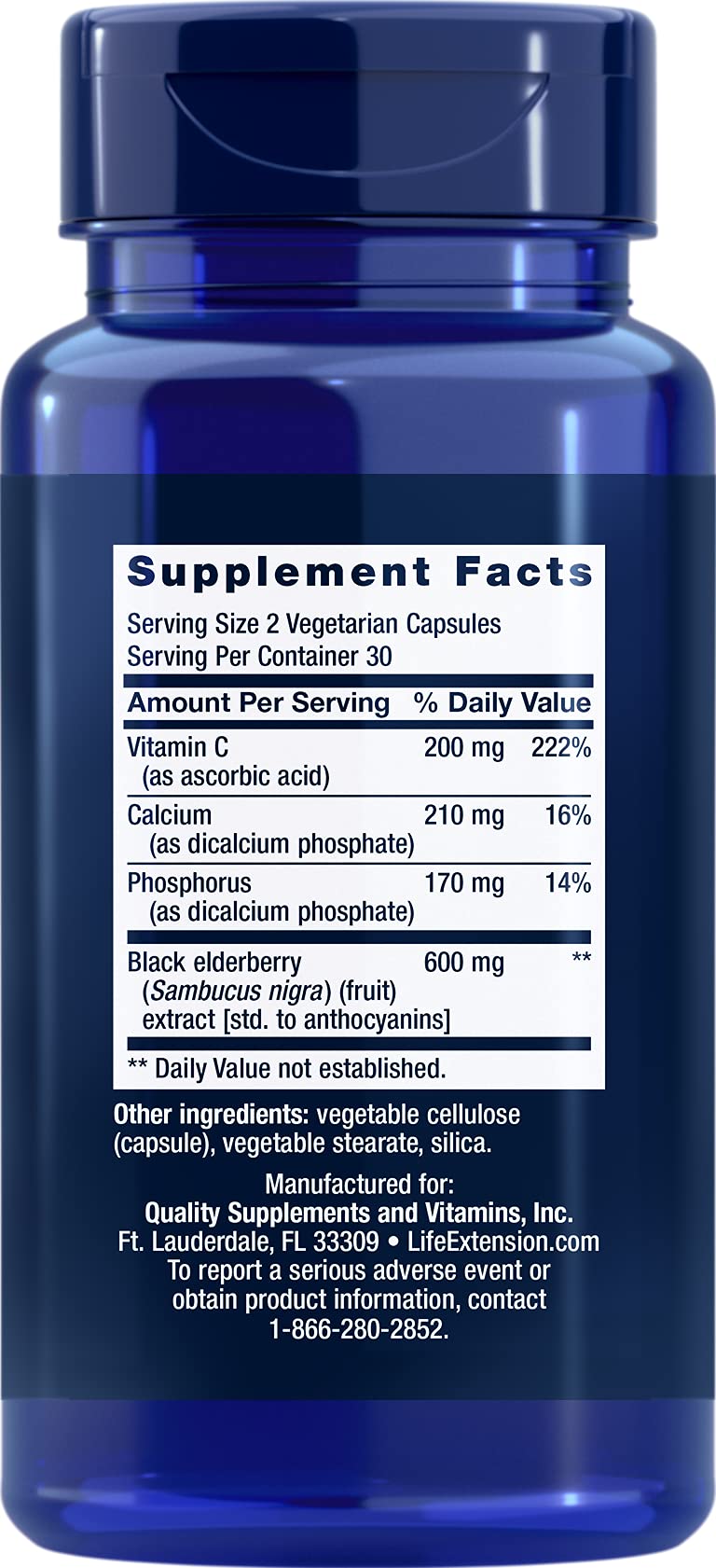 Label showing 600 mg elderberry and 200 mg vitamin C