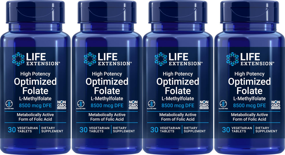 Life Extension High Potency Optimized Folate 8500 mcg DFE – 30 Vegetarian Tablets, Pack of 4