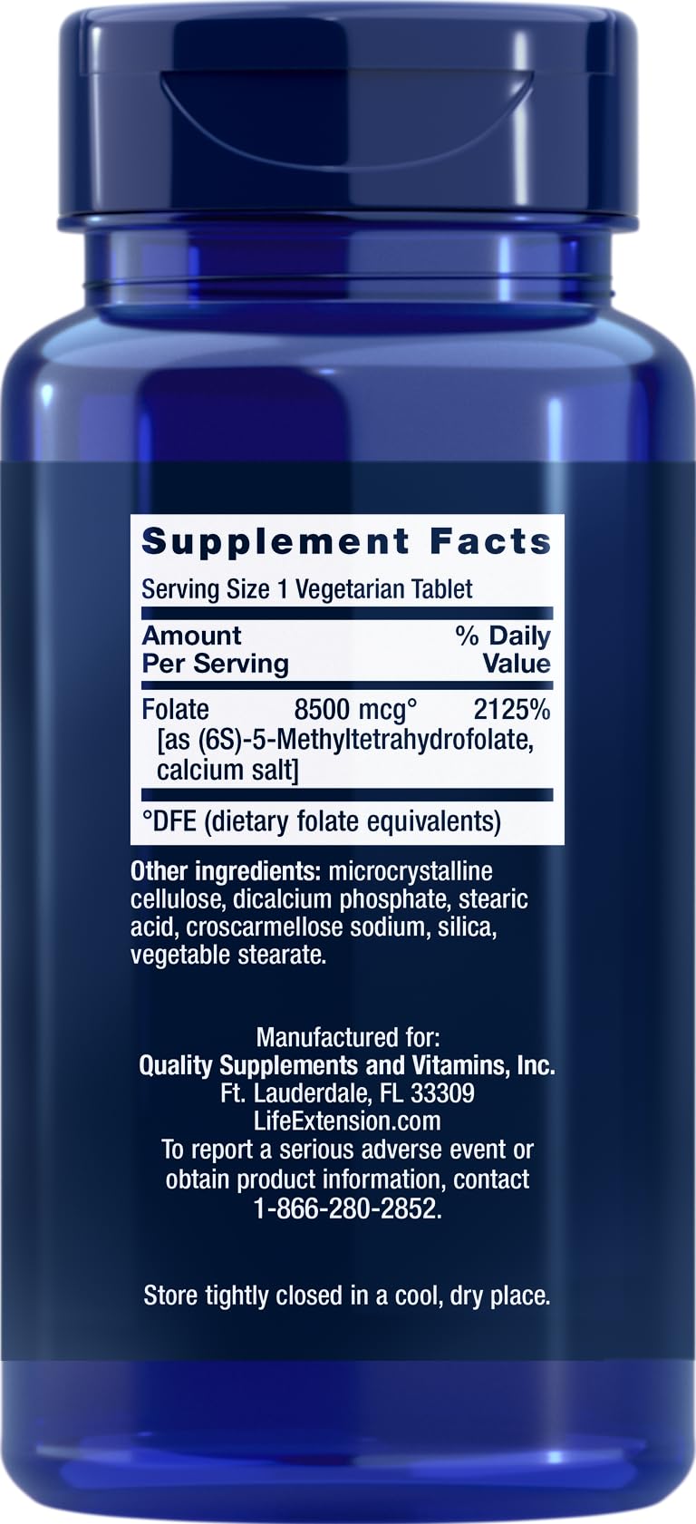 Bottle and packaging of Life Extension Folate 8500 mcg DFE – Pack of 4