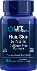 Life Extension Hair, Skin & Nails Collagen Plus Formula bottle and tablets - front