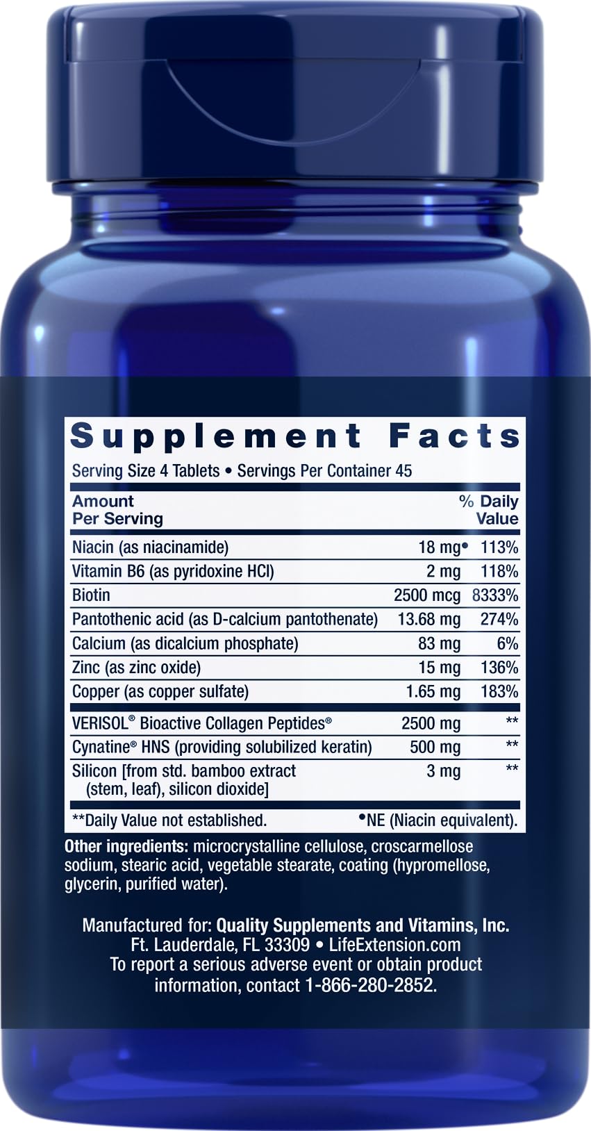 Close-up of Life Extension Hair, Skin & Nails Collagen Plus Formula label
