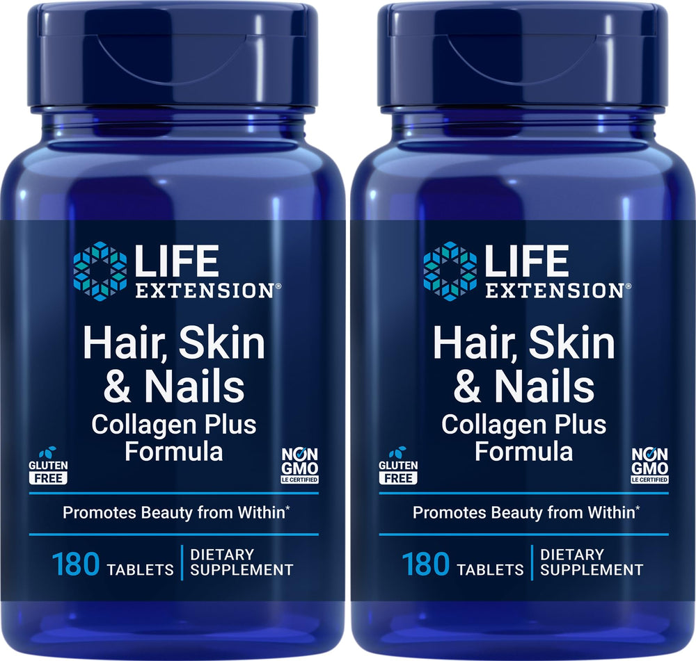 Packaging for Life Extension Hair, Skin & Nails Collagen Plus Formula, 180 Tablets Pack of 2