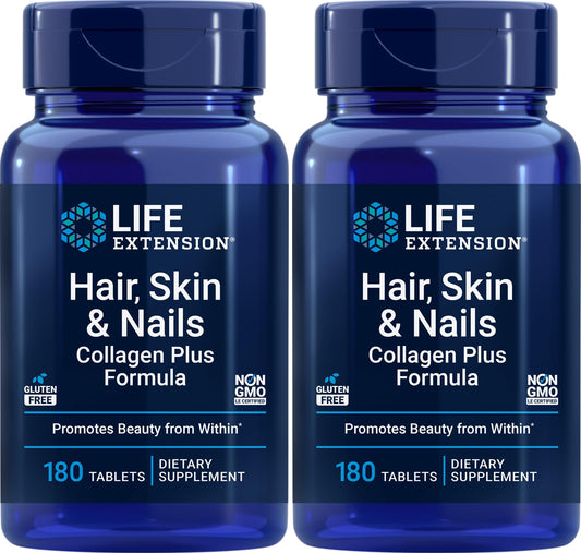Packaging for Life Extension Hair, Skin & Nails Collagen Plus Formula, 180 Tablets Pack of 2