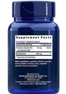 Two Life Extension Mega Benfotiamine bottles showing label – 250 mg, 120 vegetarian capsules each