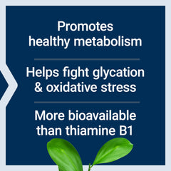 Bottle label detailing benfotiamine 250 mg and product claims